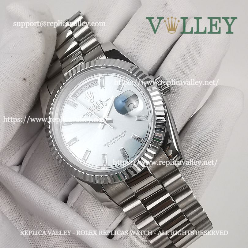 Rolex Replica Day Date 128236 Fluted Bezel Ice Blue Baguette Dial