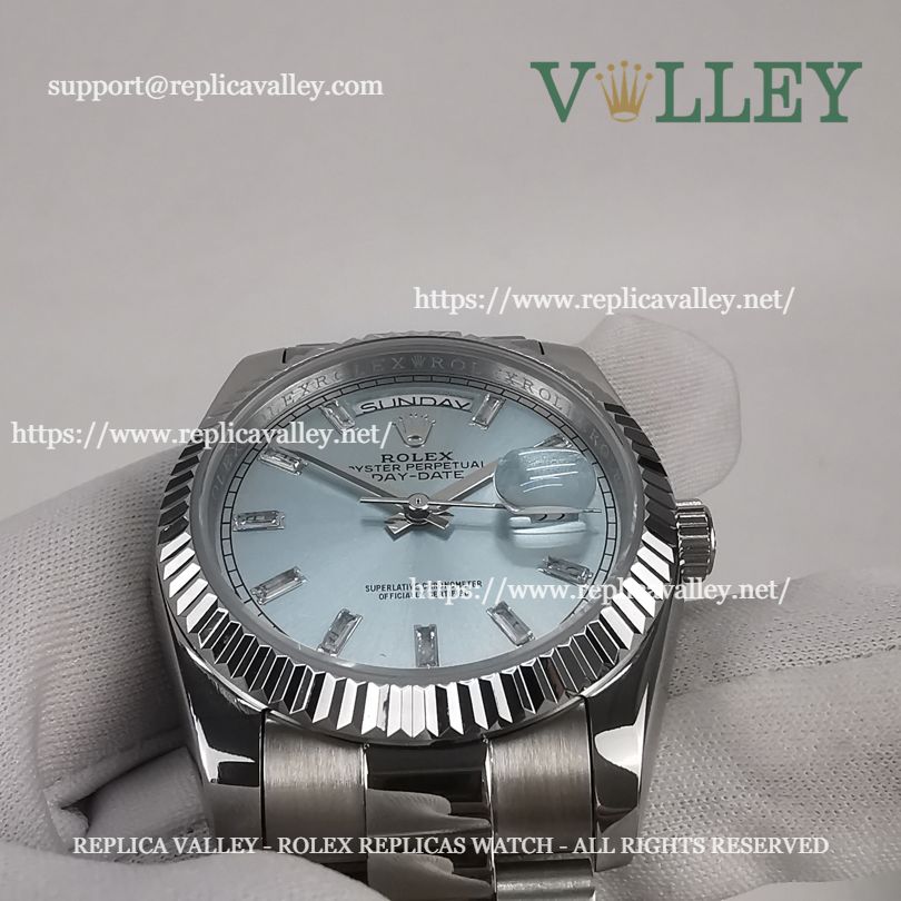 Rolex Replica Day Date 128236 Fluted Bezel Ice Blue Baguette Dial